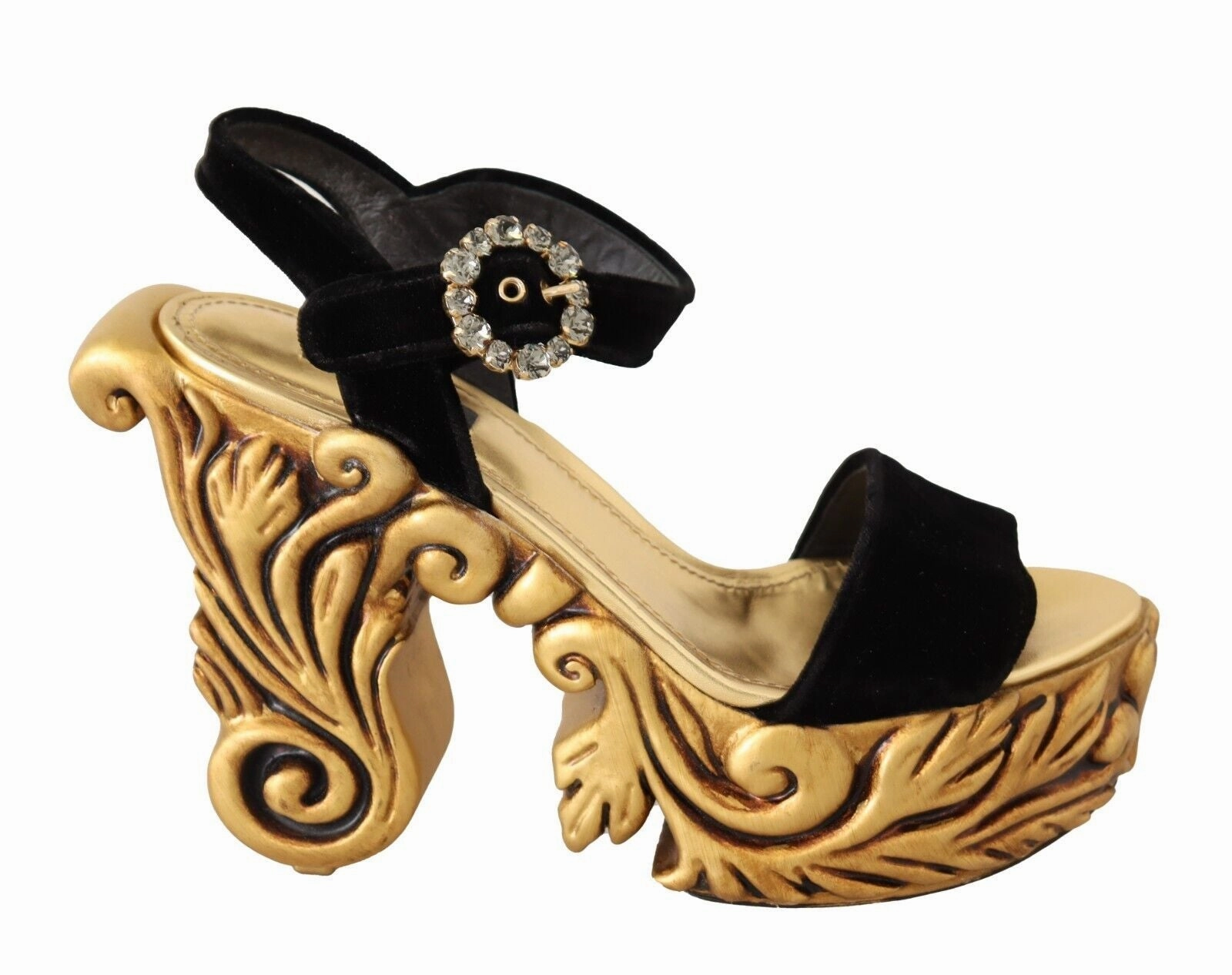 Black Gold Baroque Velvet Heels Crystal Shoes Best Sandals For Beach