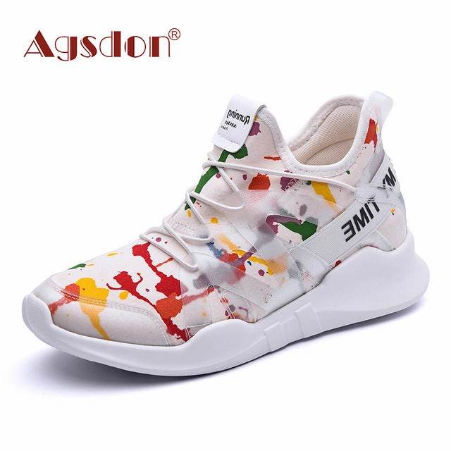 Flat Feet Golf Shoes Agsdon Women Fashion Graffiti Printing Flat Heel Front Lace-up Shoes