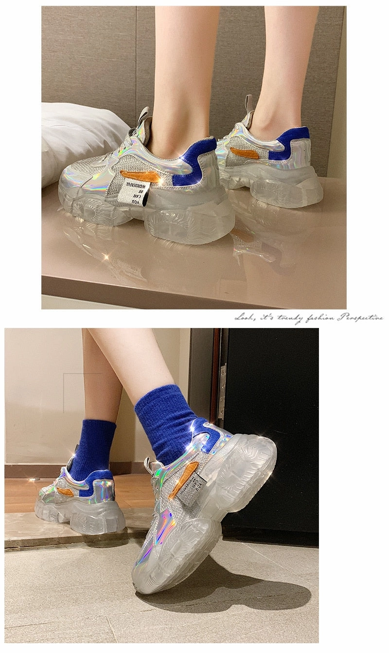 Blinged Sneakers Spring Trend Women Transparent Sneakers Harajuku Ladies Platform Jelly Shoes Laser Casual Shoes Shining Running Footwear