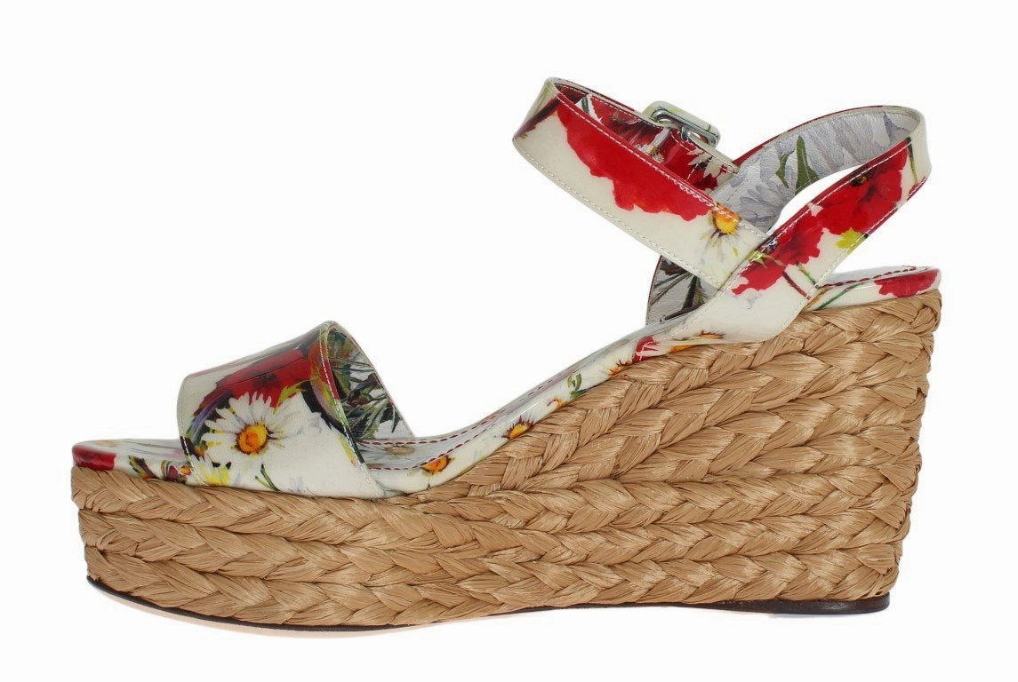Floral Leather Straw Wedges Sandals Designer Heeled Sandals