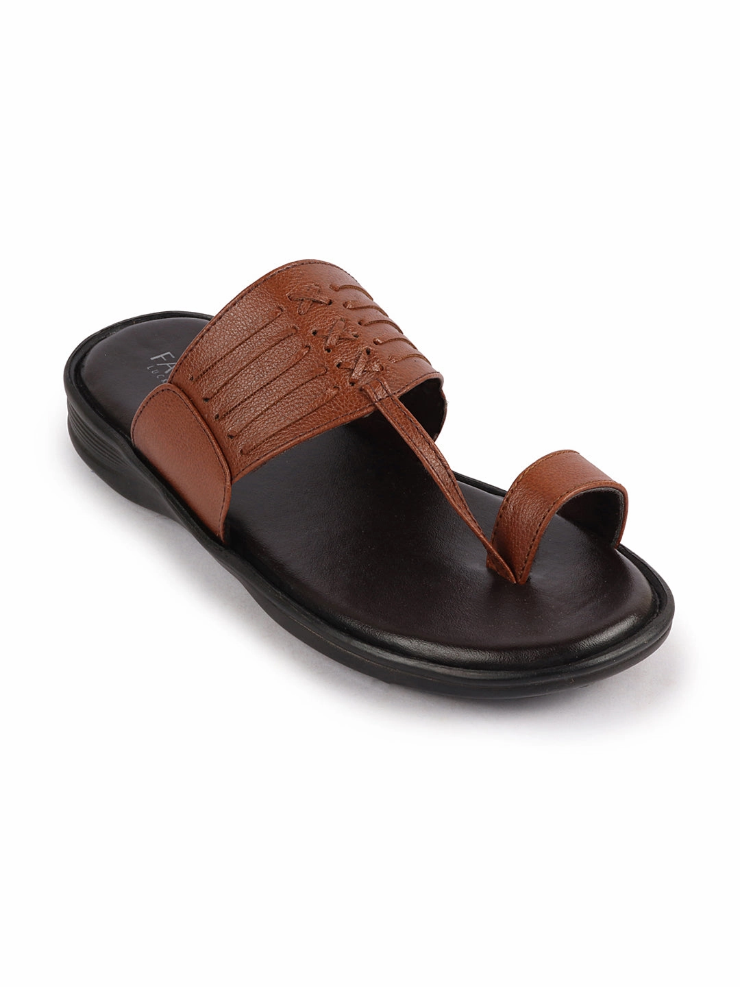 Grounded Slippers Men Tan Daily Indoor Outdoor Comfort Stitched Design Kolhapuri Toe Ring Slip On Slipper