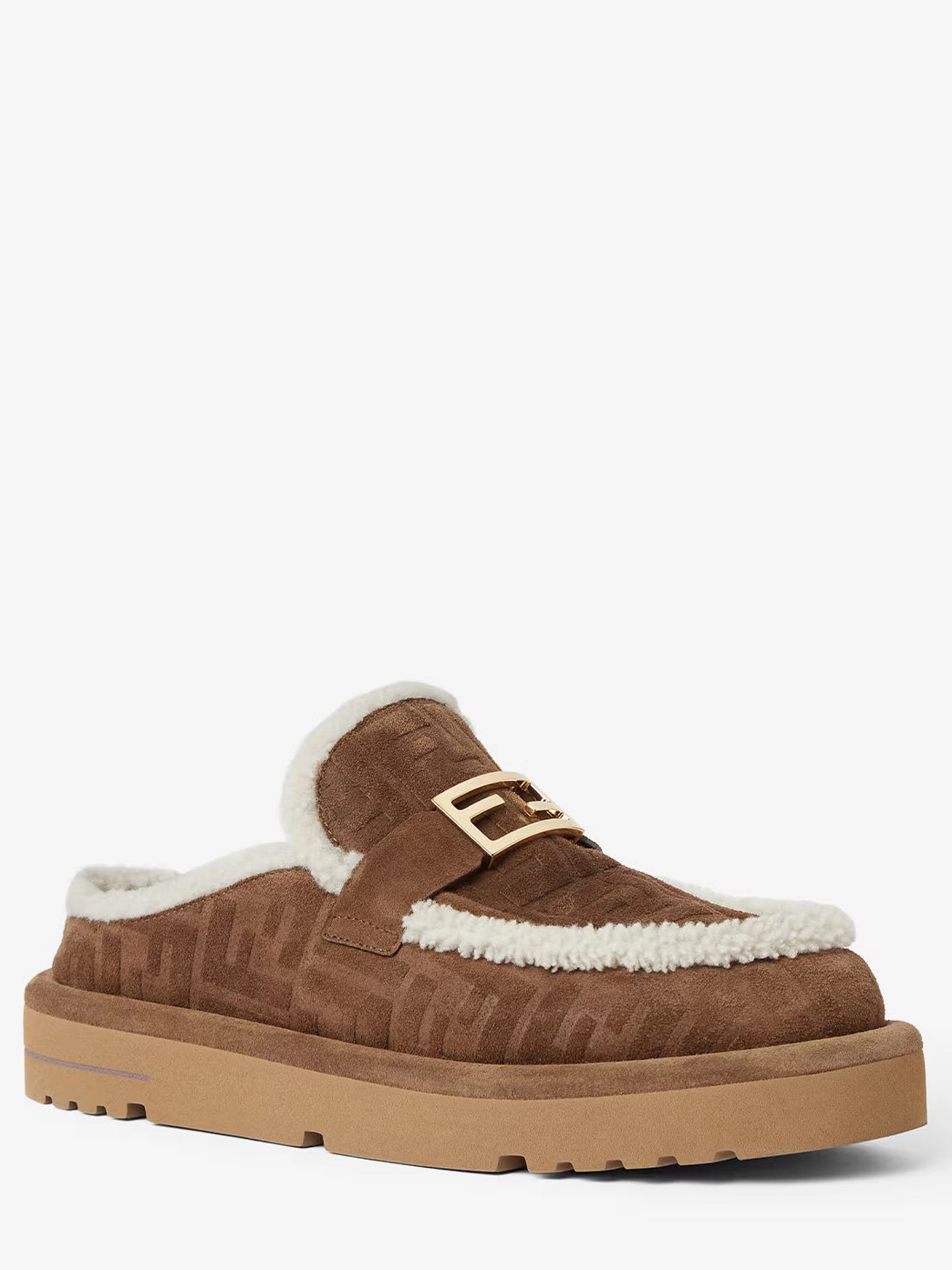 FENDI Apres Chic FF Suede and Shearling Sabots Casual Monk Strap Shoes