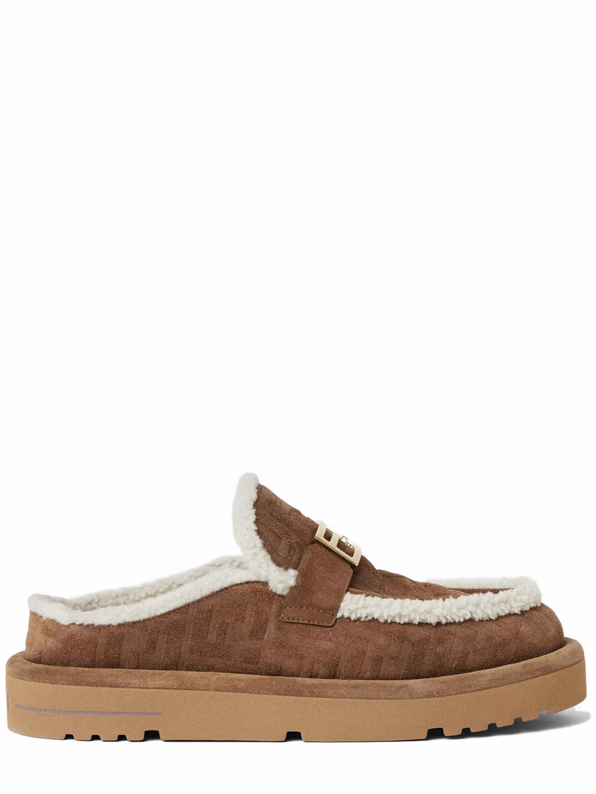 FENDI Apres Chic FF Suede and Shearling Sabots Womens Casual Shoes