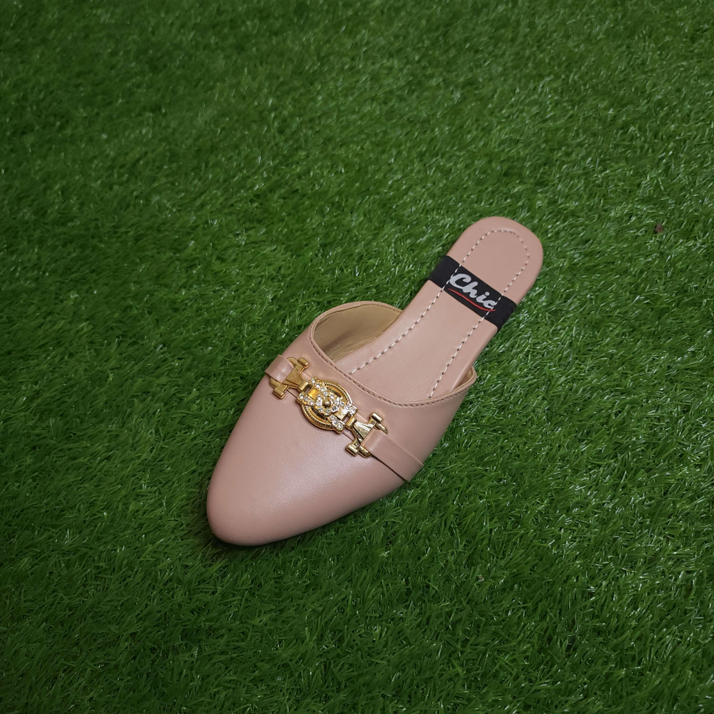 Flat Prom Shoes Beige Buckle Mules In Flat Sole