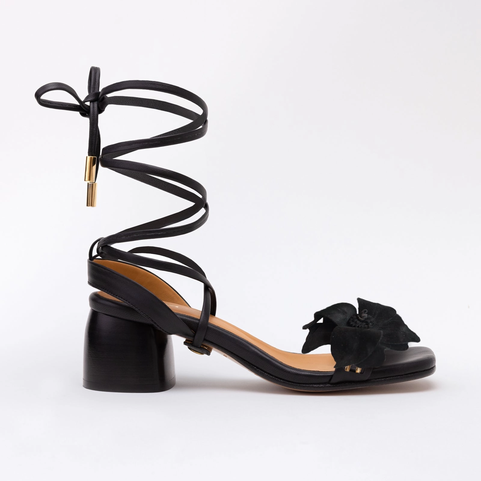 Black Heeled Swap Sandal Charcoal Camia Flower with Gladiator Impo Sandals