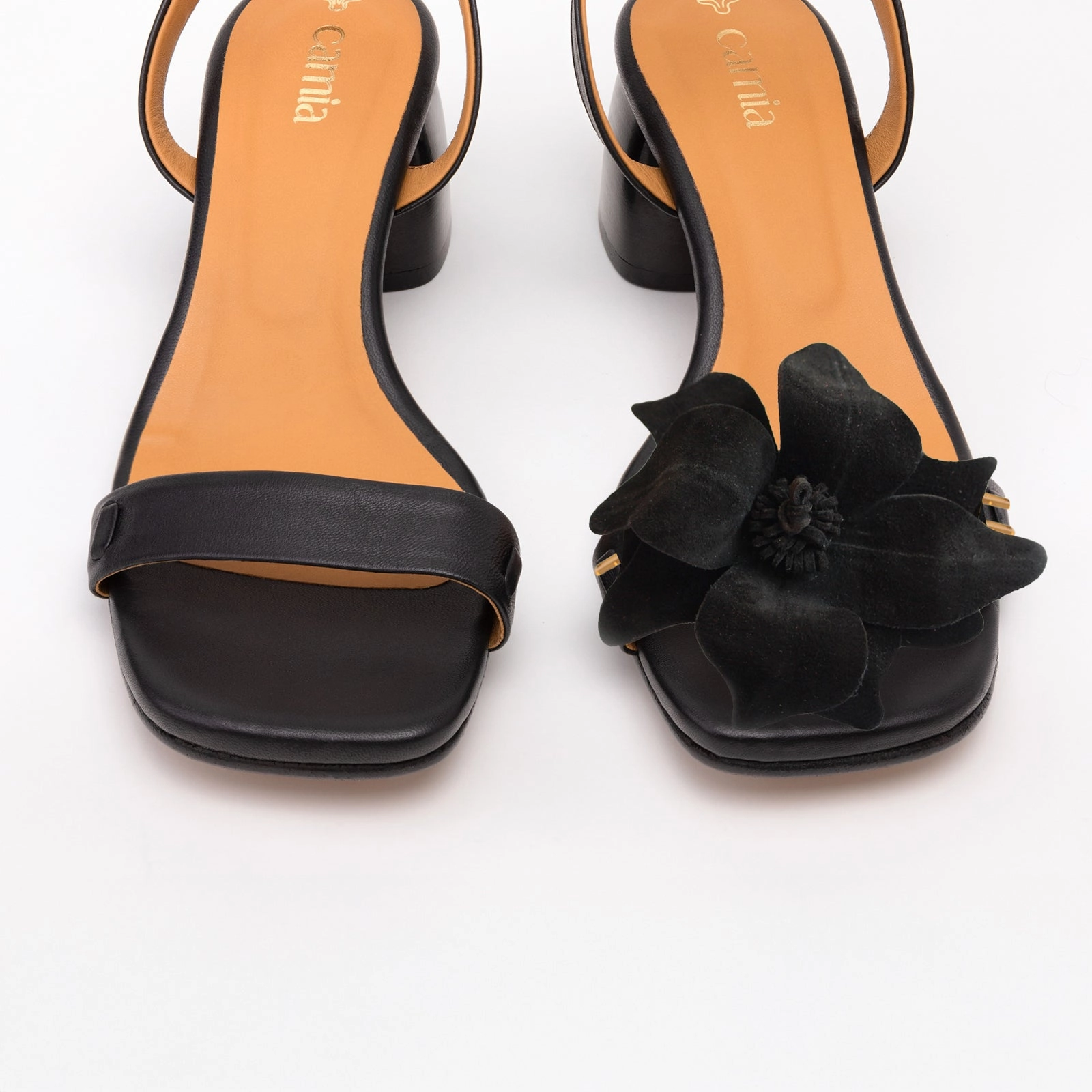 Barbados Sandals Royal Black Heeled Swap Sandal Charcoal Camia Flower