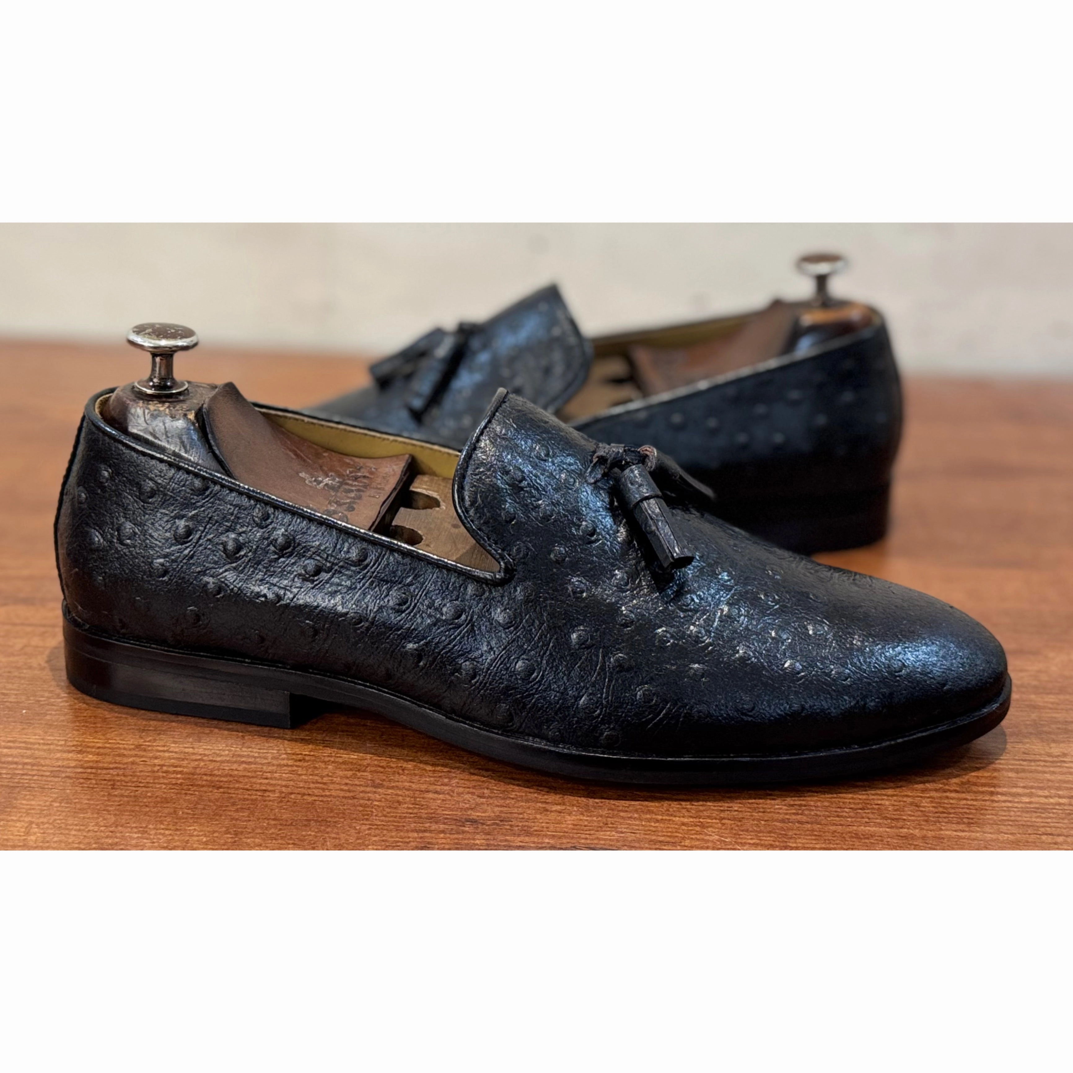 Tweed Loafers Black Ostrich Tassel Loafers