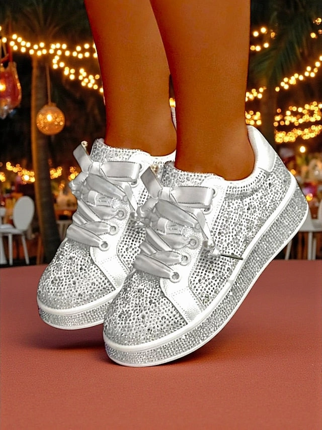Slip On Sneakers White Lace-Up Women's Rhinestone Glamorous Sparkly Sneakers -