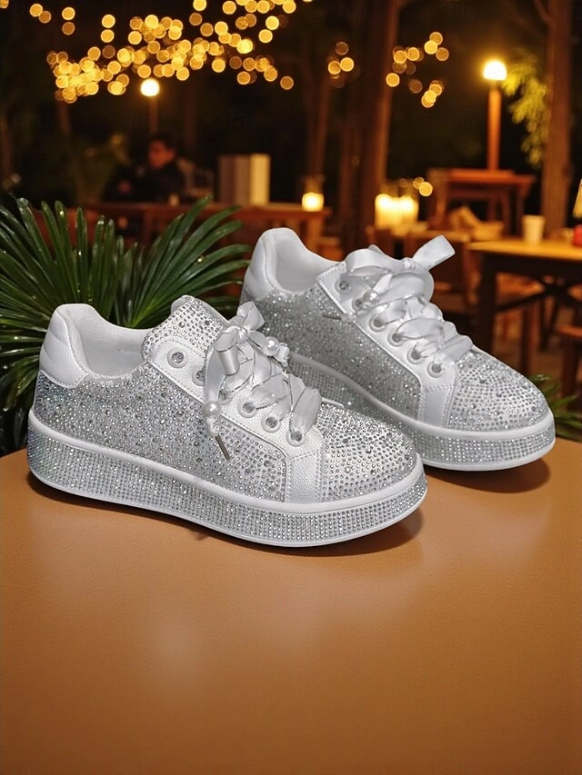 Lace-Up Women's Rhinestone Glamorous Sparkly Sneakers - White Jeans And White Sneakers