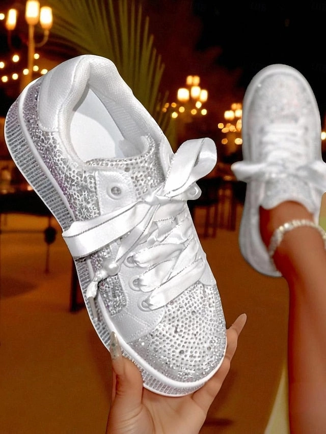 Lace-Up Women's Rhinestone Glamorous Sparkly Sneakers - Puffy Sneakers