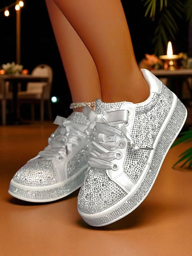 Lace-Up Women's Rhinestone Glamorous Sparkly Sneakers - Best Sneakers Overpronation