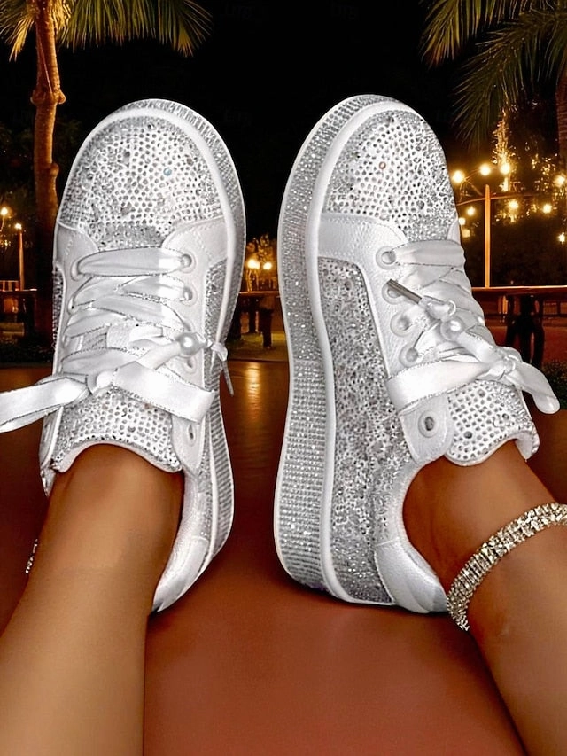Lace-Up Women's Rhinestone Glamorous Sparkly Sneakers - Teddy Bear Sneakers