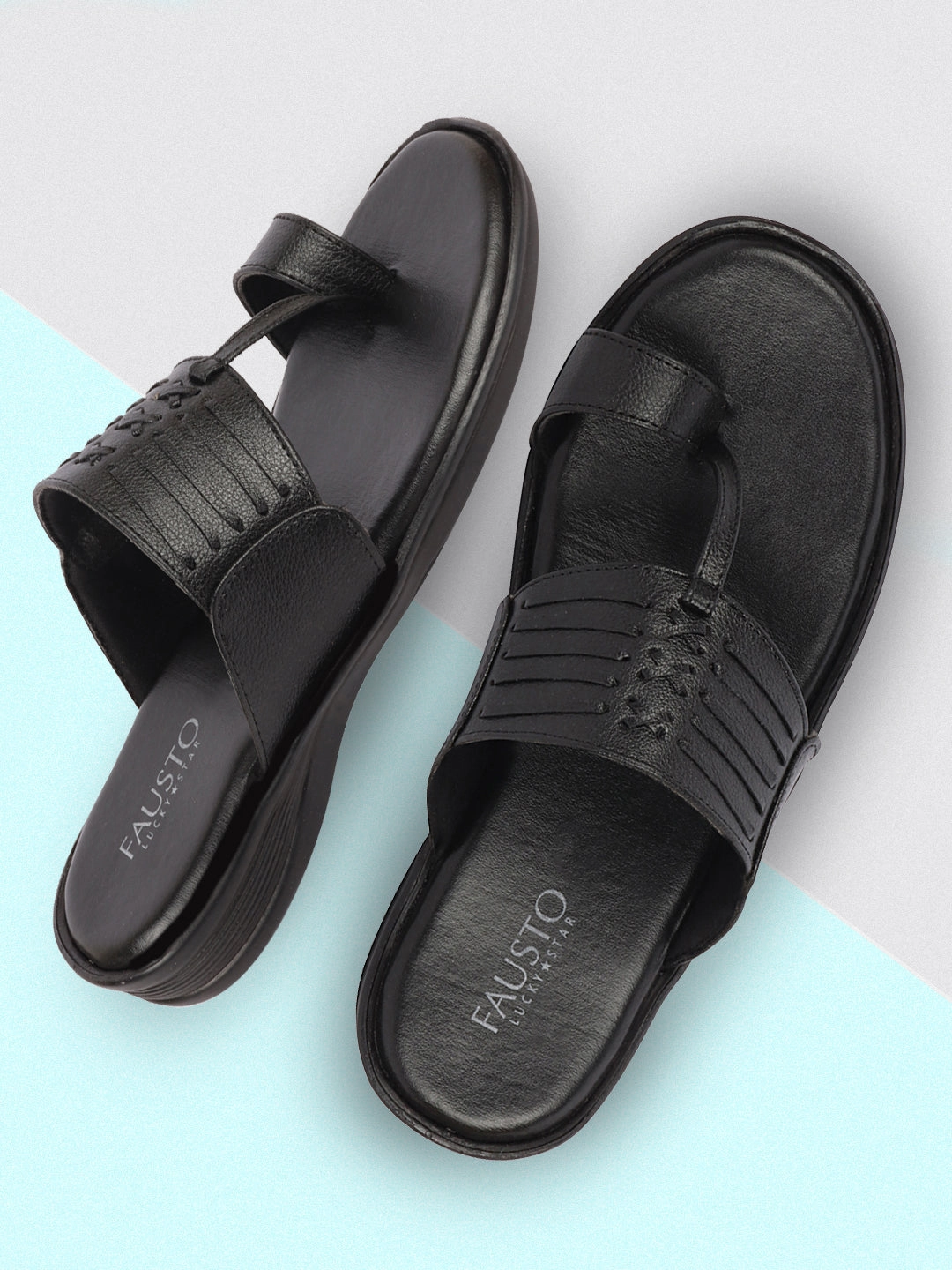 Men Black Daily Indoor Outdoor Comfort Stitched Design Kolhapuri Toe Ring Slip On Slipper Best Winter House Slippers