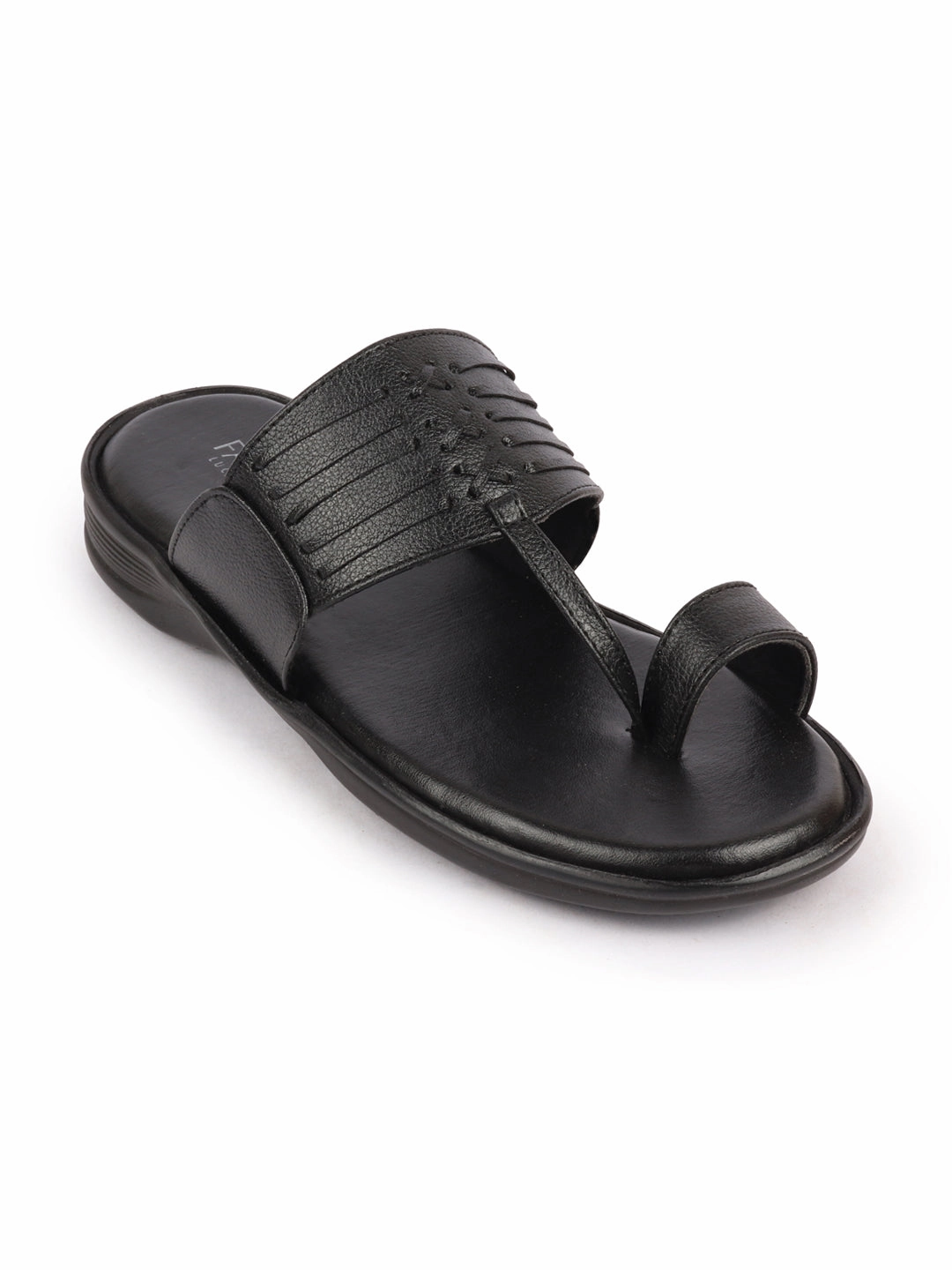 H Slides Men Black Daily Indoor Outdoor Comfort Stitched Design Kolhapuri Toe Ring Slip On Slipper