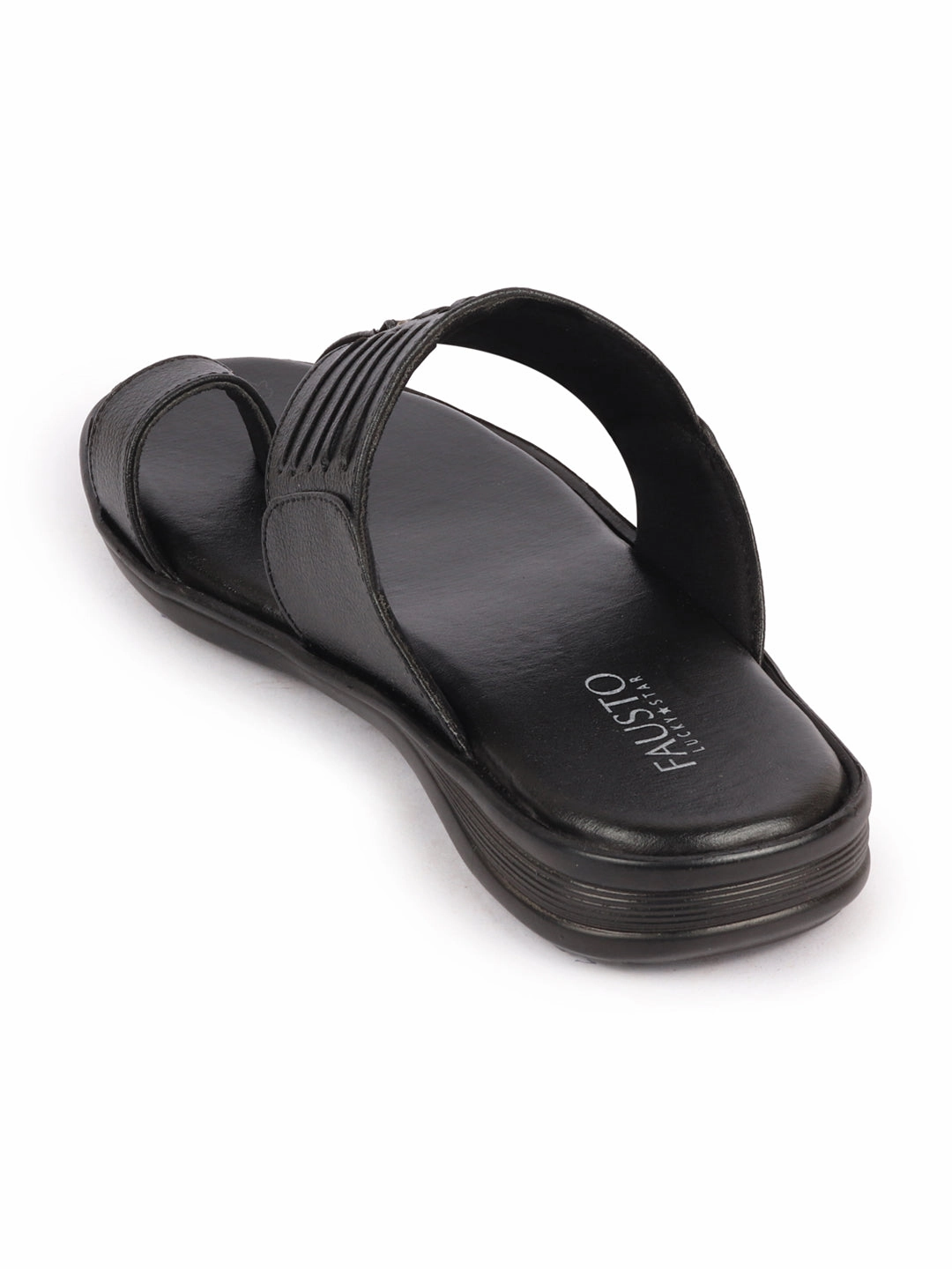 Men Black Daily Indoor Outdoor Comfort Stitched Design Kolhapuri Toe Ring Slip On Slipper Fuzzy Slide On Slippers