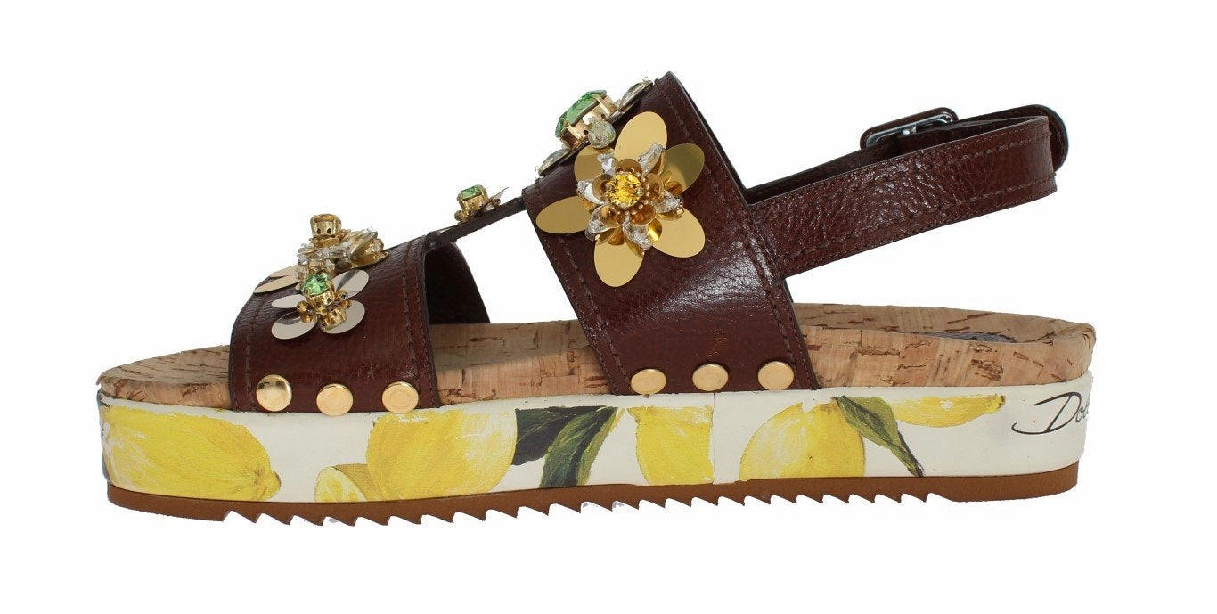 Heel Sandals Brown Leather Lemon Crystal Sandals