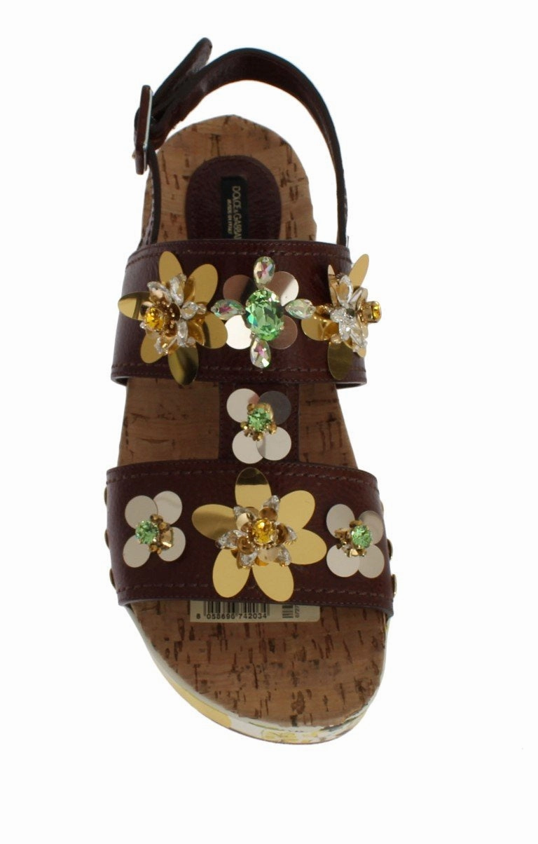 Brown Leather Lemon Crystal Sandals Cross Strap Sandals