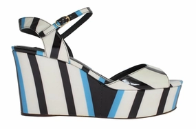 Slingback Sandals Blue Striped Leather Wedges Sandals