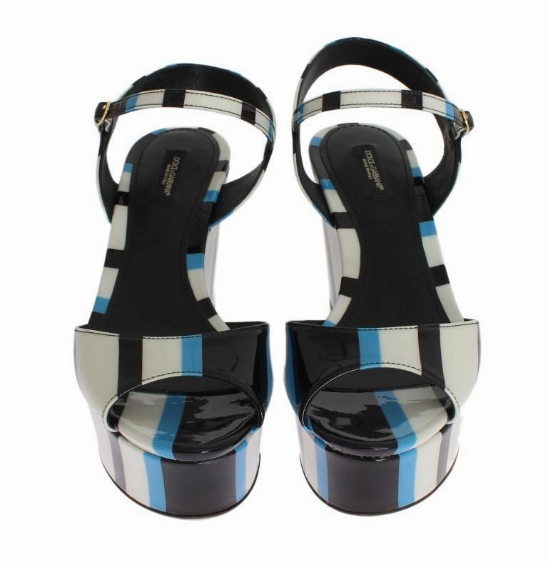 Blue Striped Leather Wedges Sandals Block Heel Platform Sandals