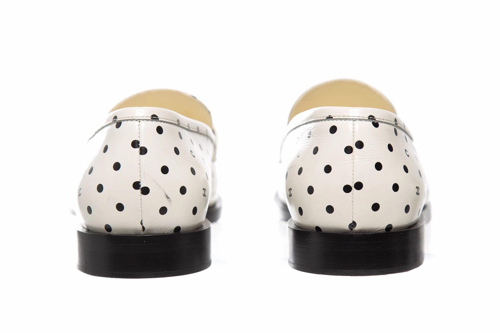 Chanel White And Black Polka Dot and Interlocking CC Logo Loafers SZ 39 High End Loafers