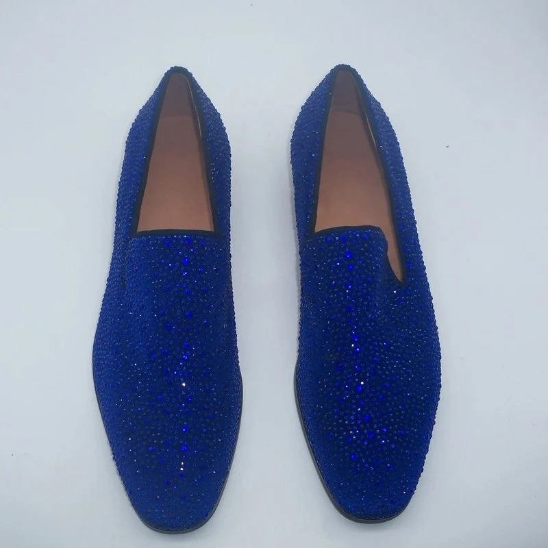 LOUBUTEN Royal Blue Full Rhinestone Loafers Luxury Party And Wedding Shoes Men Crystal Shoes Slip On Flats Dress Shoes Loafers 90s