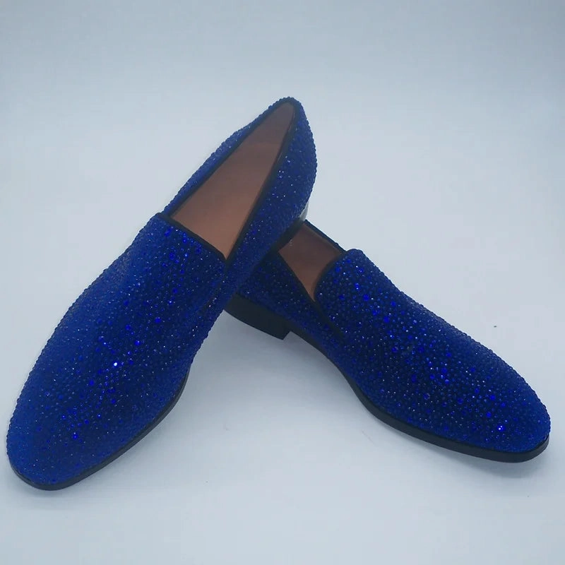 LOUBUTEN Royal Blue Full Rhinestone Loafers Luxury Party And Wedding Shoes Men Crystal Shoes Slip On Flats Dress Shoes Comfortable Walking Loafers