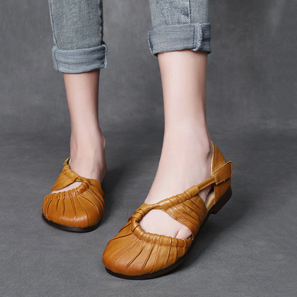 Leather Shoes Closed Toe Pleated Flat Sandals
