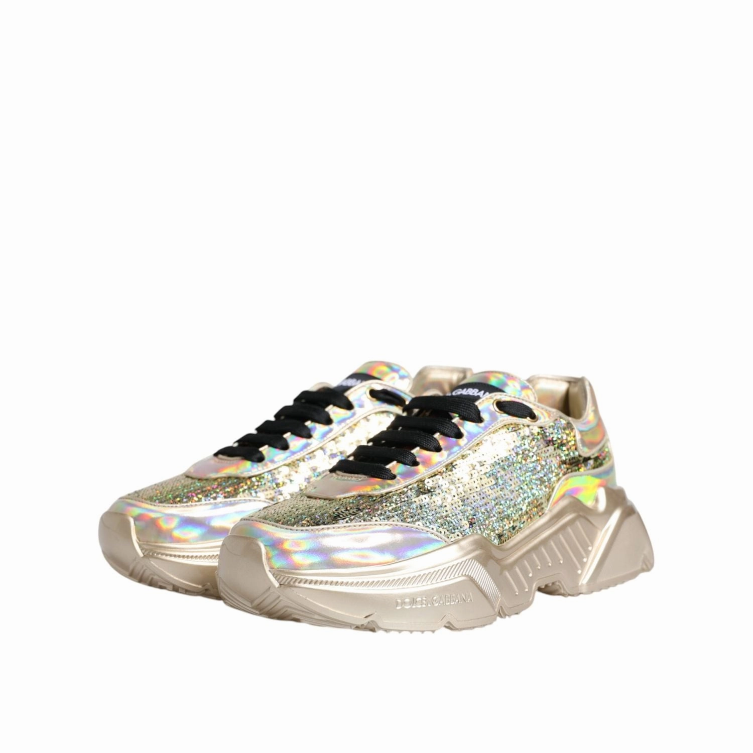 Dolce & Gabbana Gold Sequin Iridiscent Daymaster Sneakers Shoes Moc Toe Sneakers