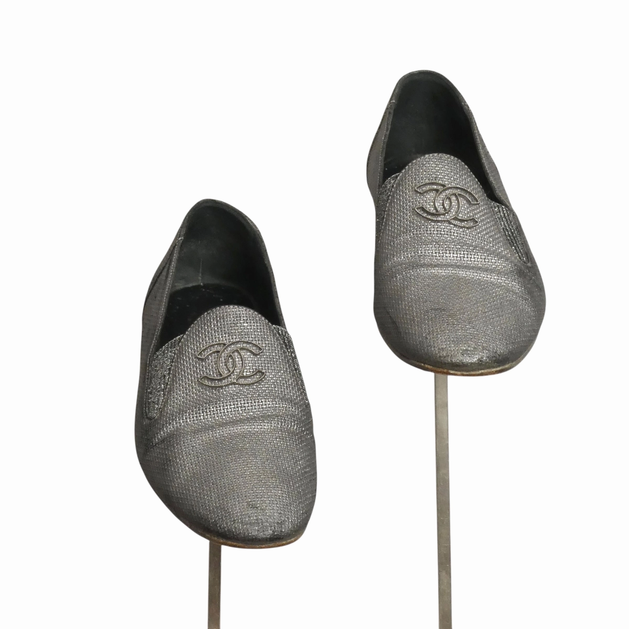 CHANEL- Silver Metallic "CC" Loafers, Size 39 Loafers At Macy's