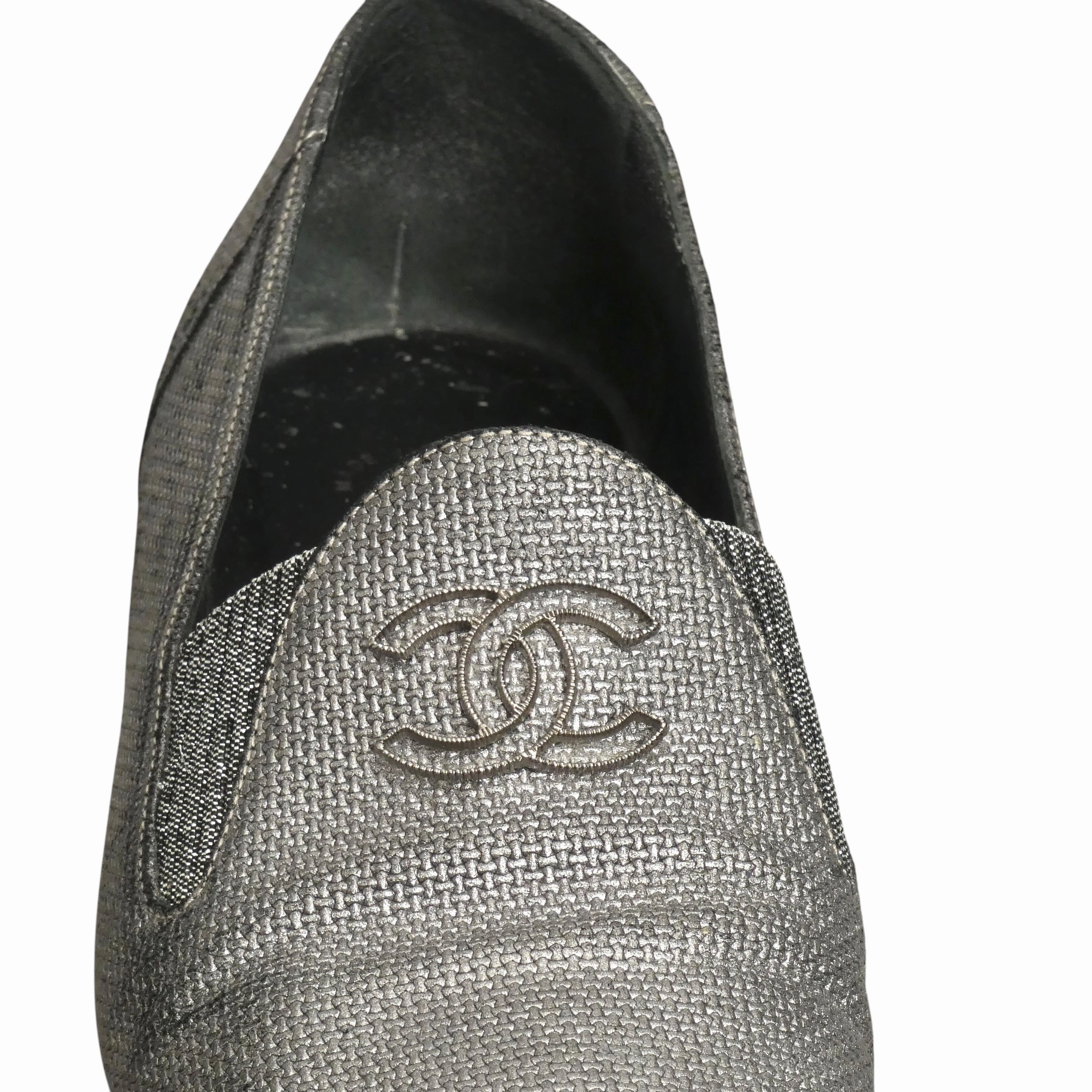 Gh Loafers CHANEL- Silver Metallic "CC" Loafers, Size 39