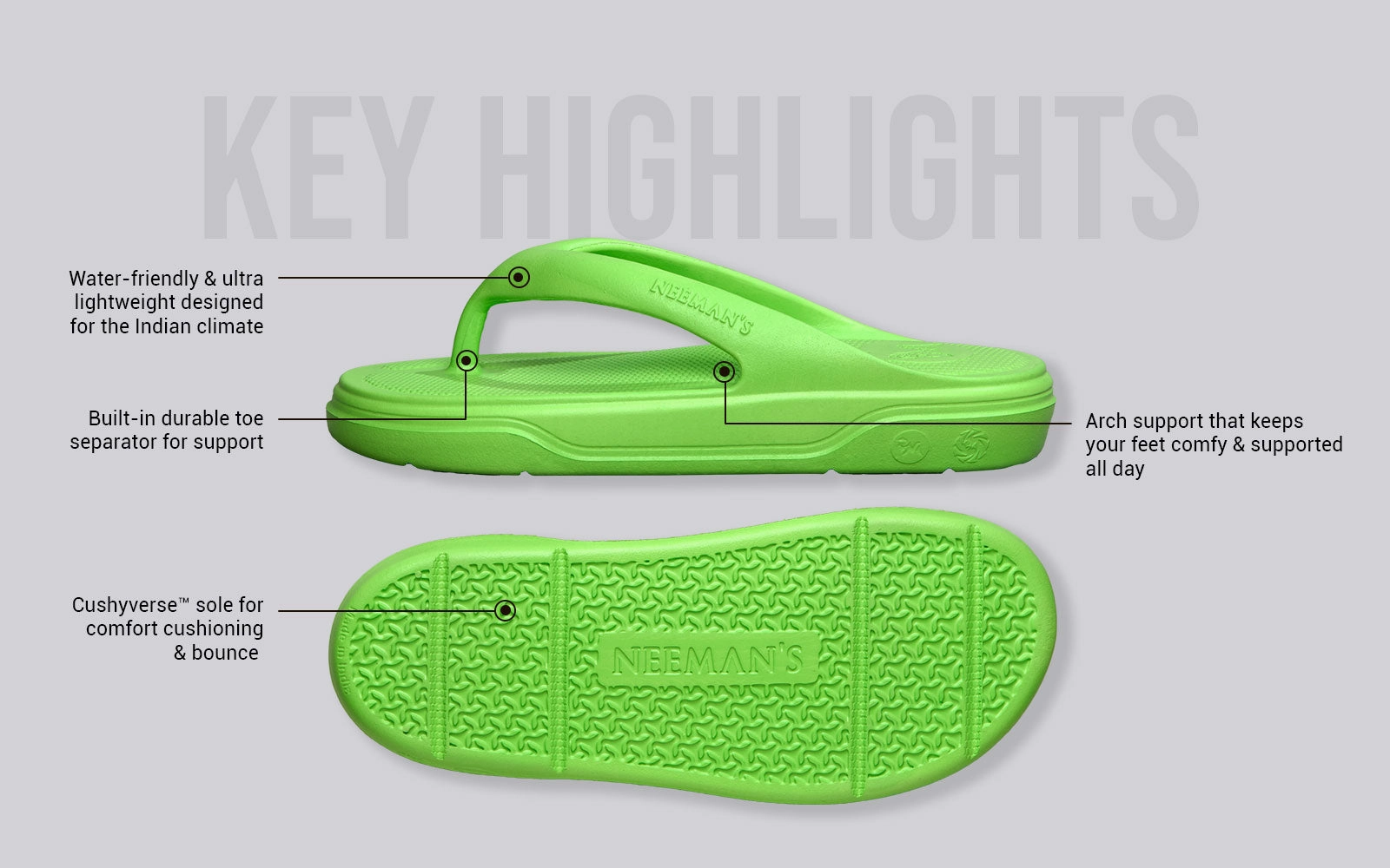 Cushers Flips For Men : Neon Green Slippers With Orthotics