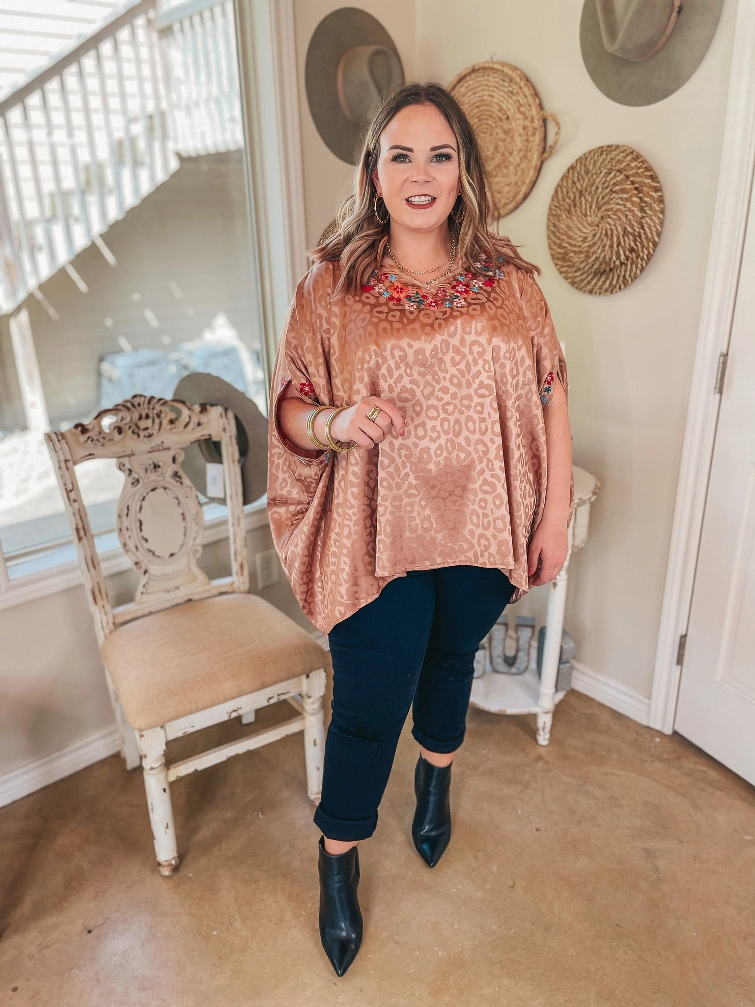 Destination Dreaming Metallic Leopard Poncho Top with Multicolor Embroidered Trim in Copper Massive Flip Flops