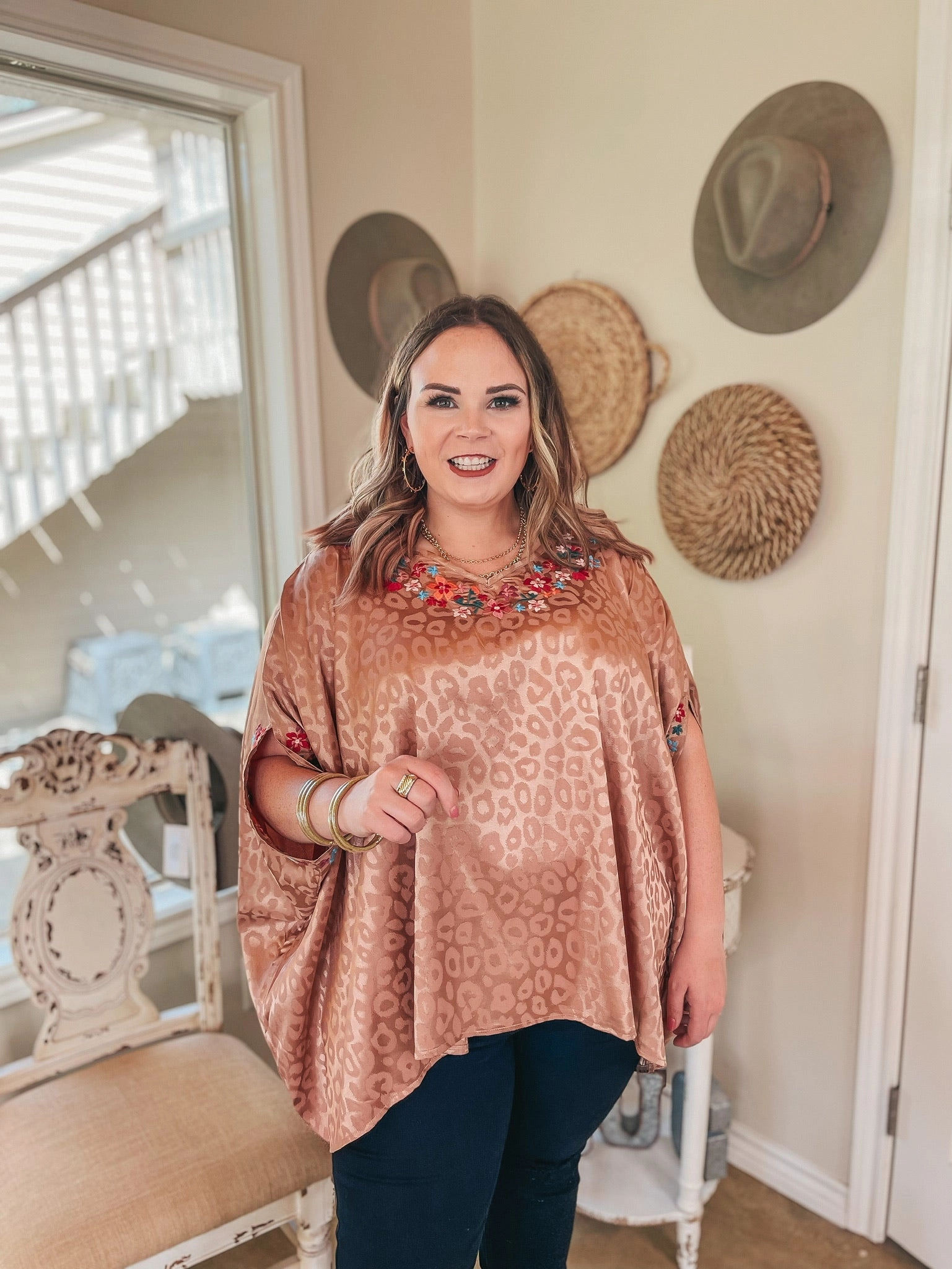 Destination Dreaming Metallic Leopard Poncho Top with Multicolor Embroidered Trim in Copper Lizard Flip Flops