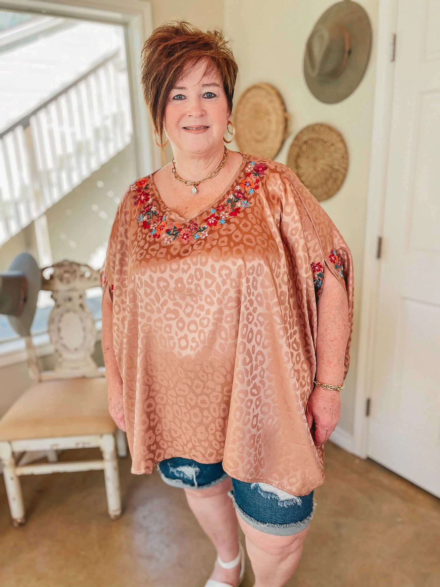 Destination Dreaming Metallic Leopard Poncho Top with Multicolor Embroidered Trim in Copper Flip Flop Fly Song