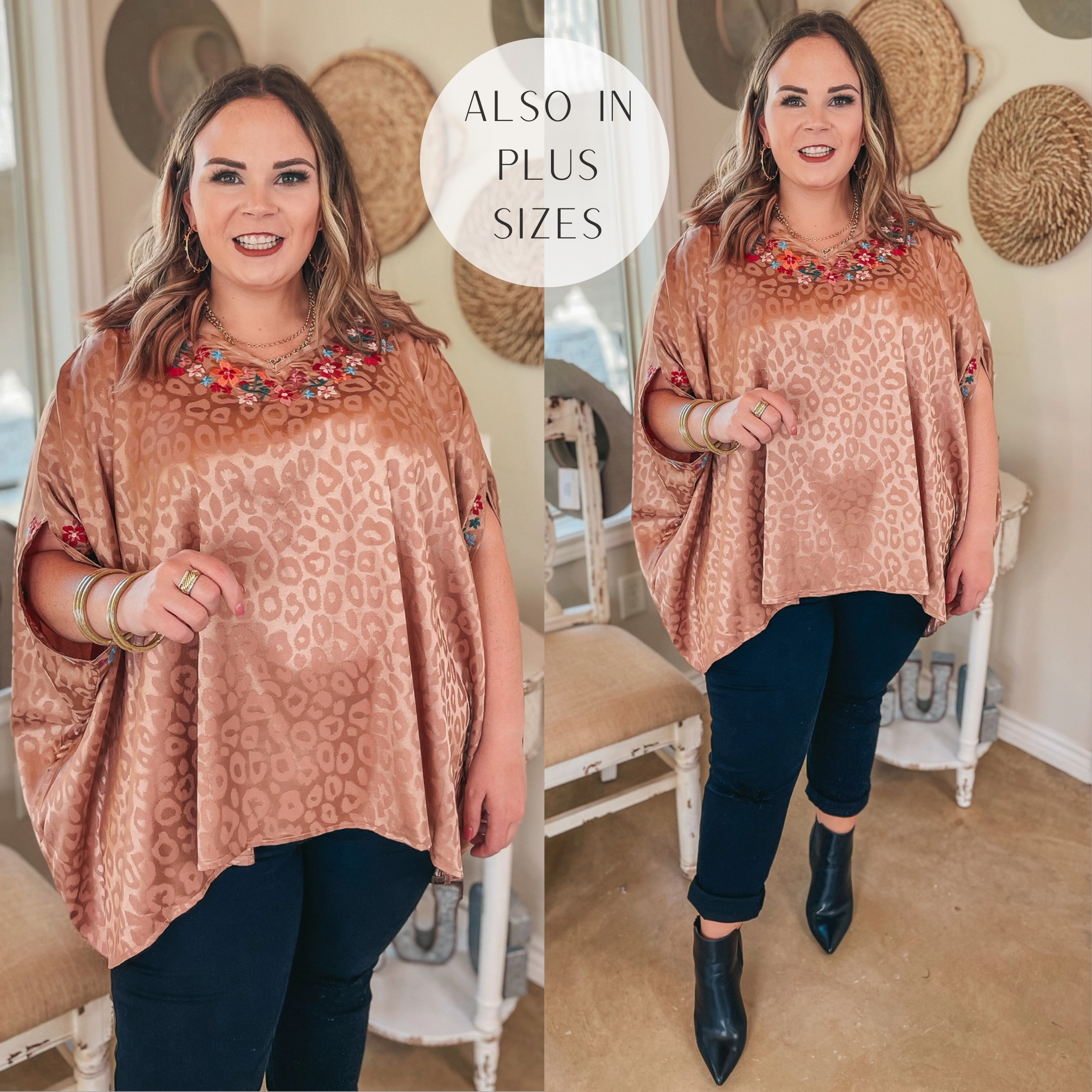 Destination Dreaming Metallic Leopard Poncho Top with Multicolor Embroidered Trim in Copper Big Name In Flip Flops And Surfing Apparel