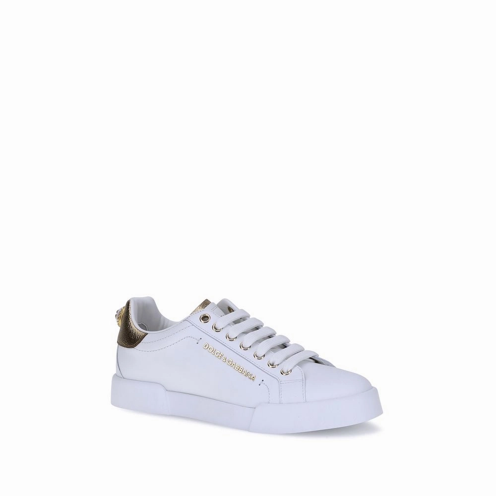 Dolce & Gabbana White Calf Leather Bos Taurus Low Top Sneakers Tuxedo Flats Shoes