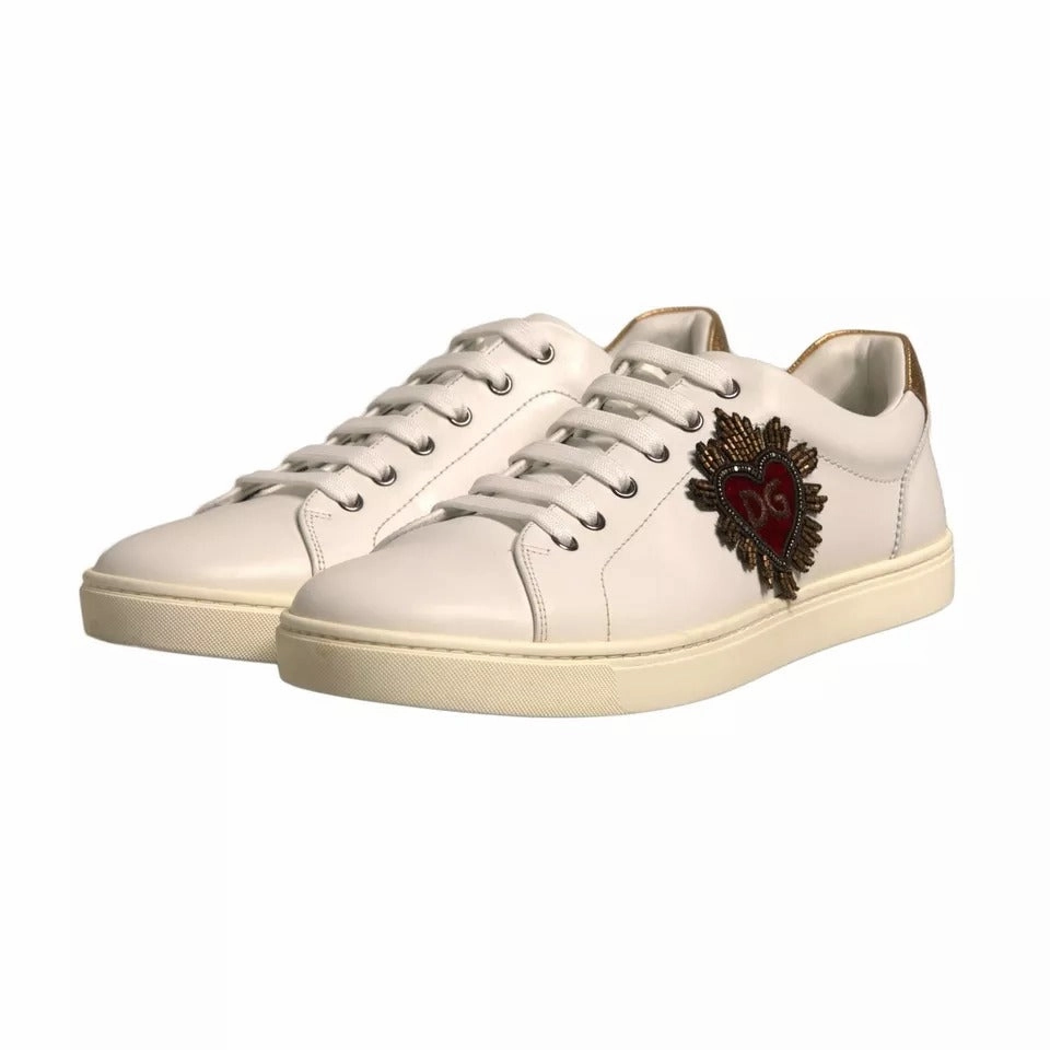 Dolce & Gabbana White Leather Heart Embellished Sneakers Shoes Blowfish Sneakers