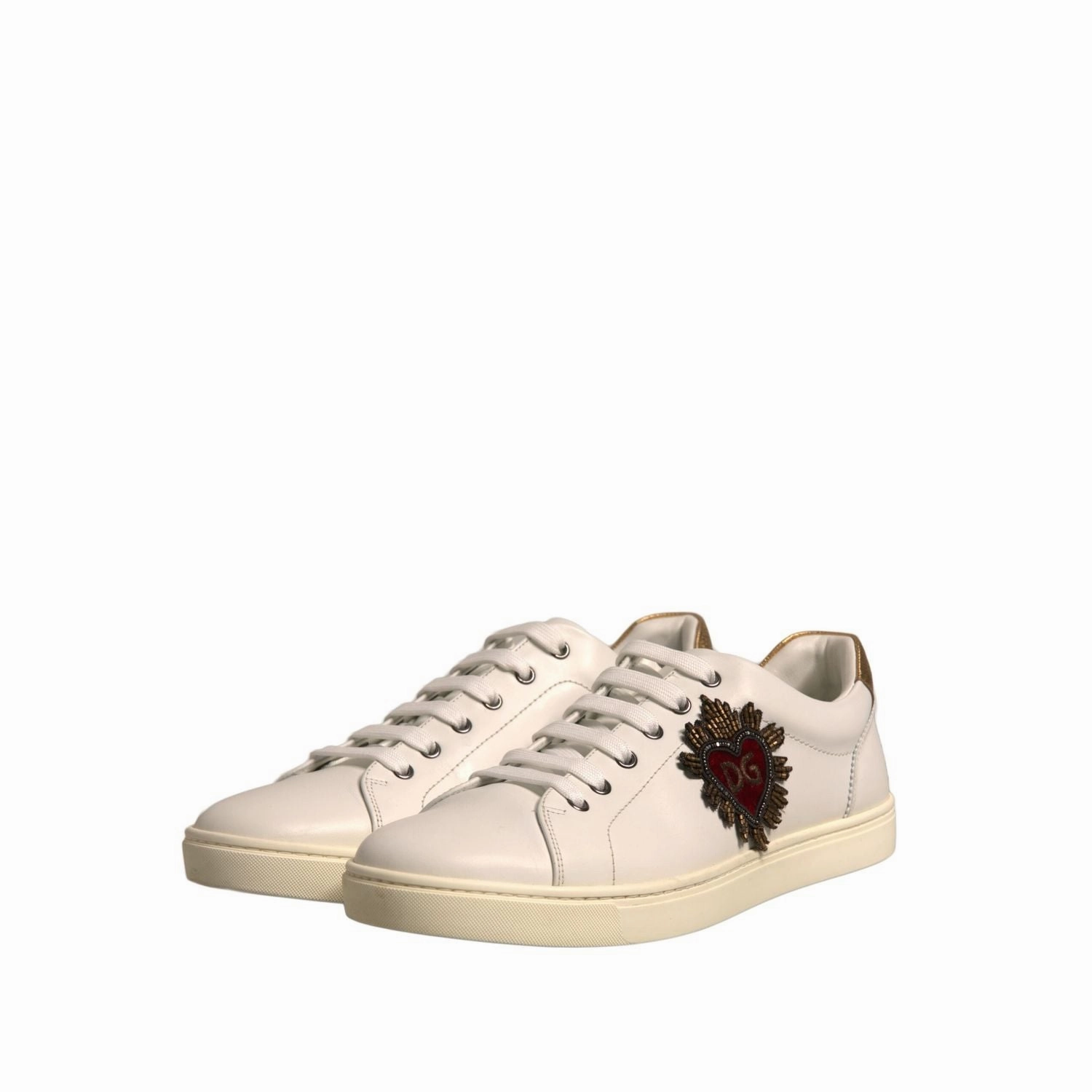 Dolce & Gabbana White Leather Heart Embellished Sneakers Shoes Best Leather Sneakers
