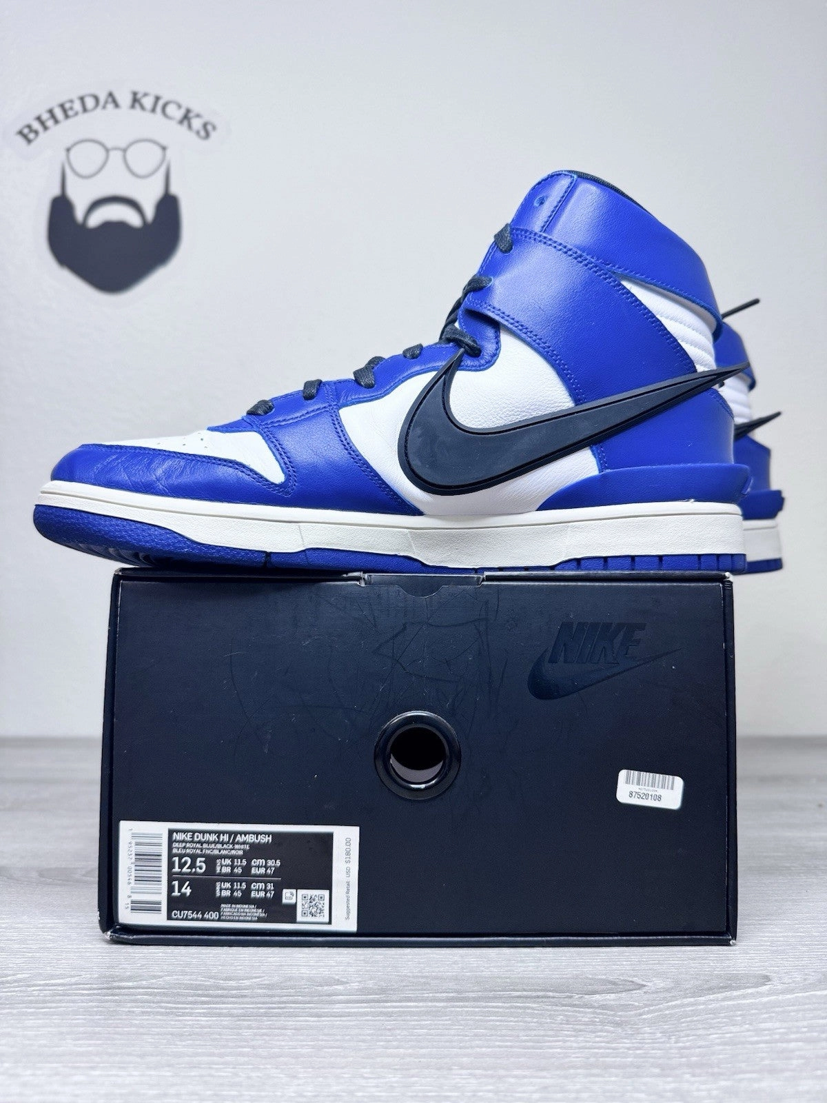 Size 12.5 - Nike AMBUSH x Dunk High Deep Royal CU7544-400 Preowned Authentic Asics Free Running Shoes