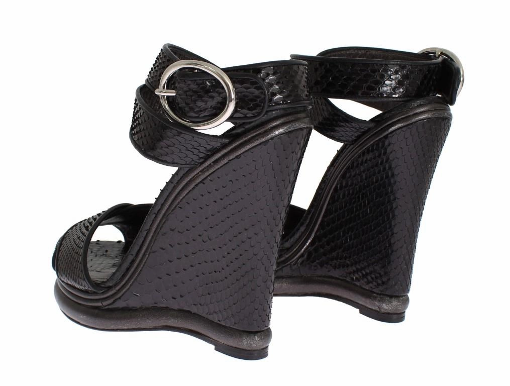 Work Sandals Black Python Snakeskin Platform Wedges