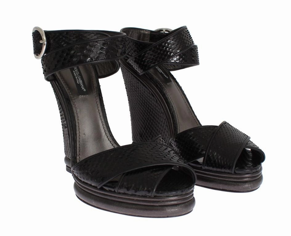 Wide Width Dress Sandals Black Python Snakeskin Platform Wedges