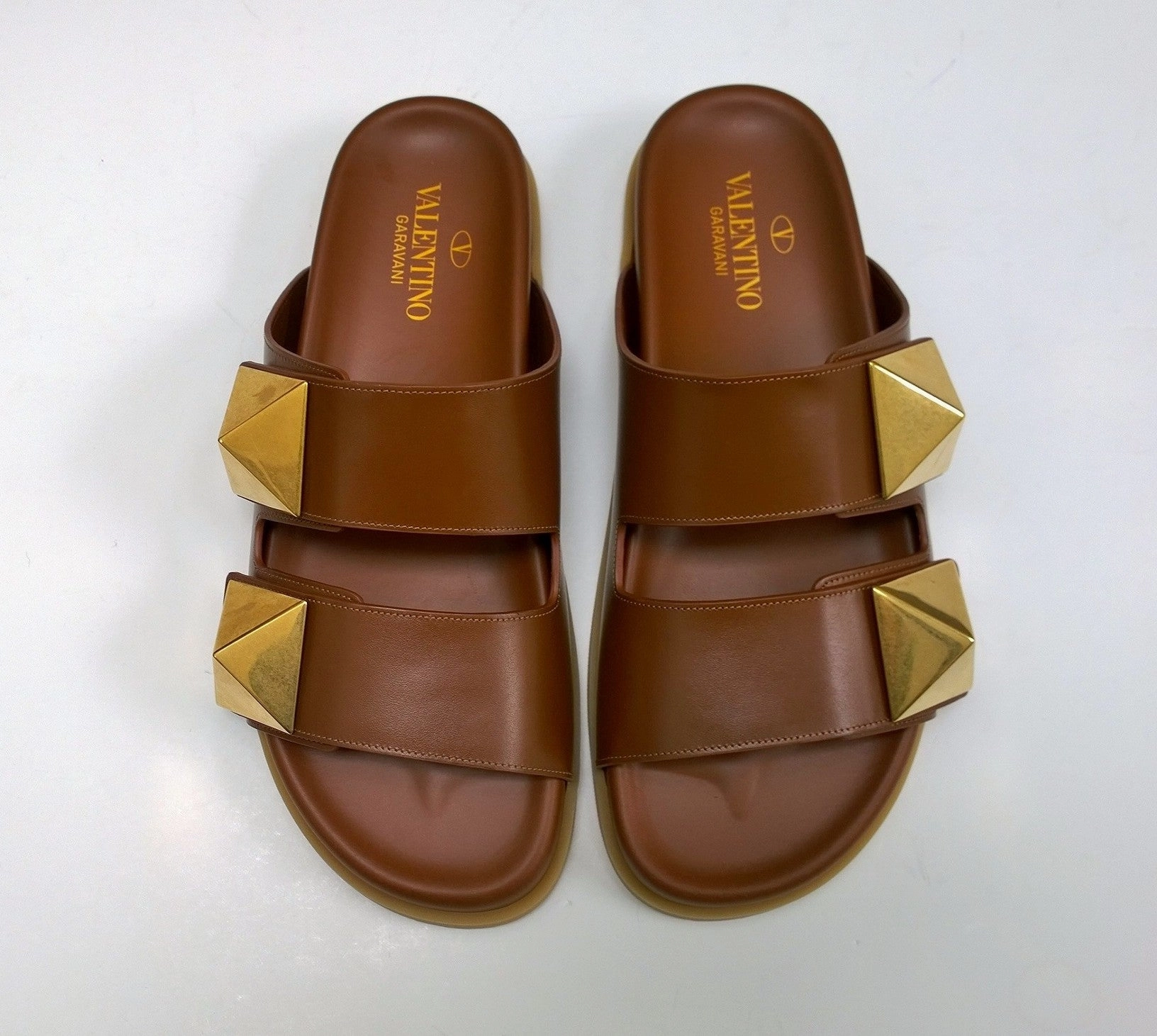 Teva Sandals Nearby Valentino Garavani Roman Stud Brown Leather Slides with Gold Rockstud Sandals