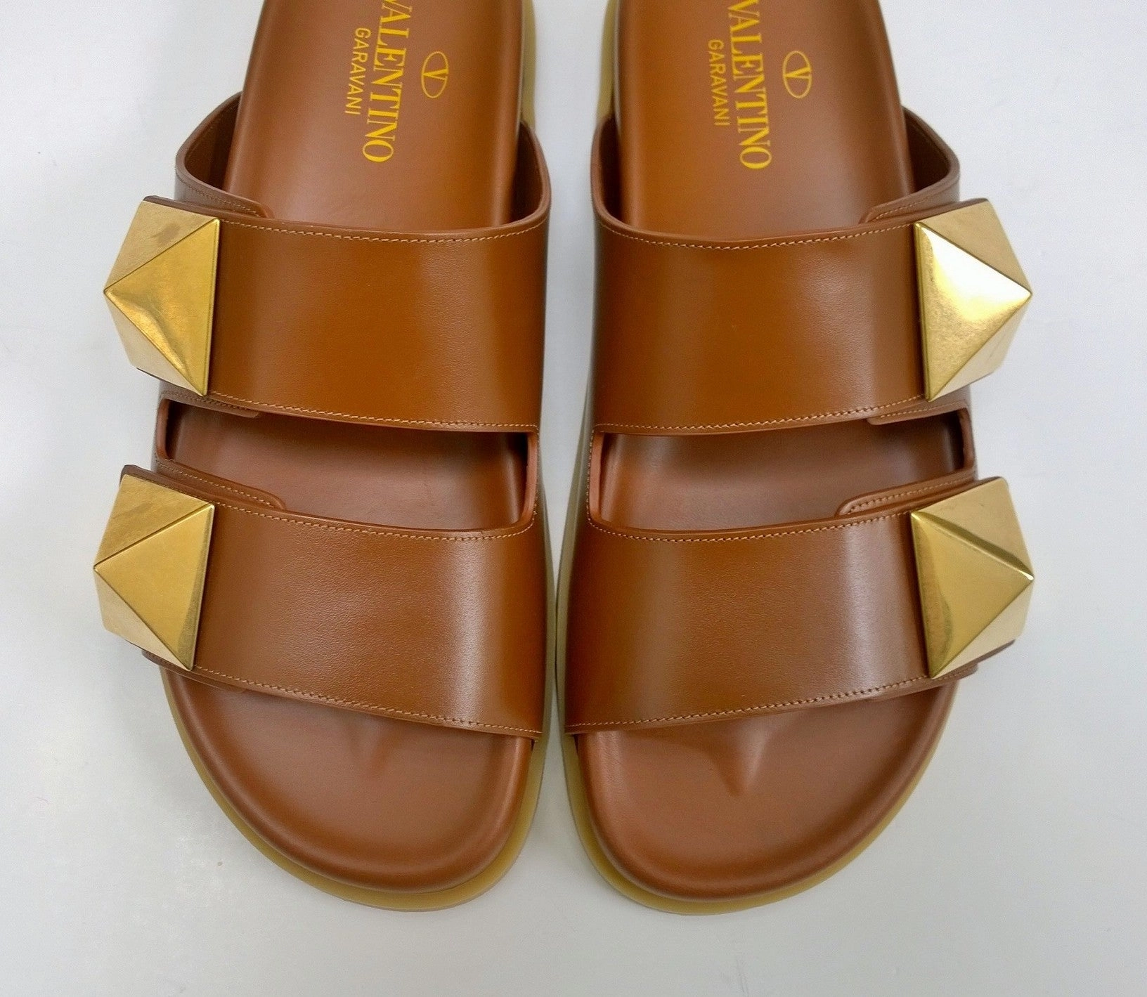 Euro Soft Sandals Valentino Garavani Roman Stud Brown Leather Slides with Gold Rockstud Sandals