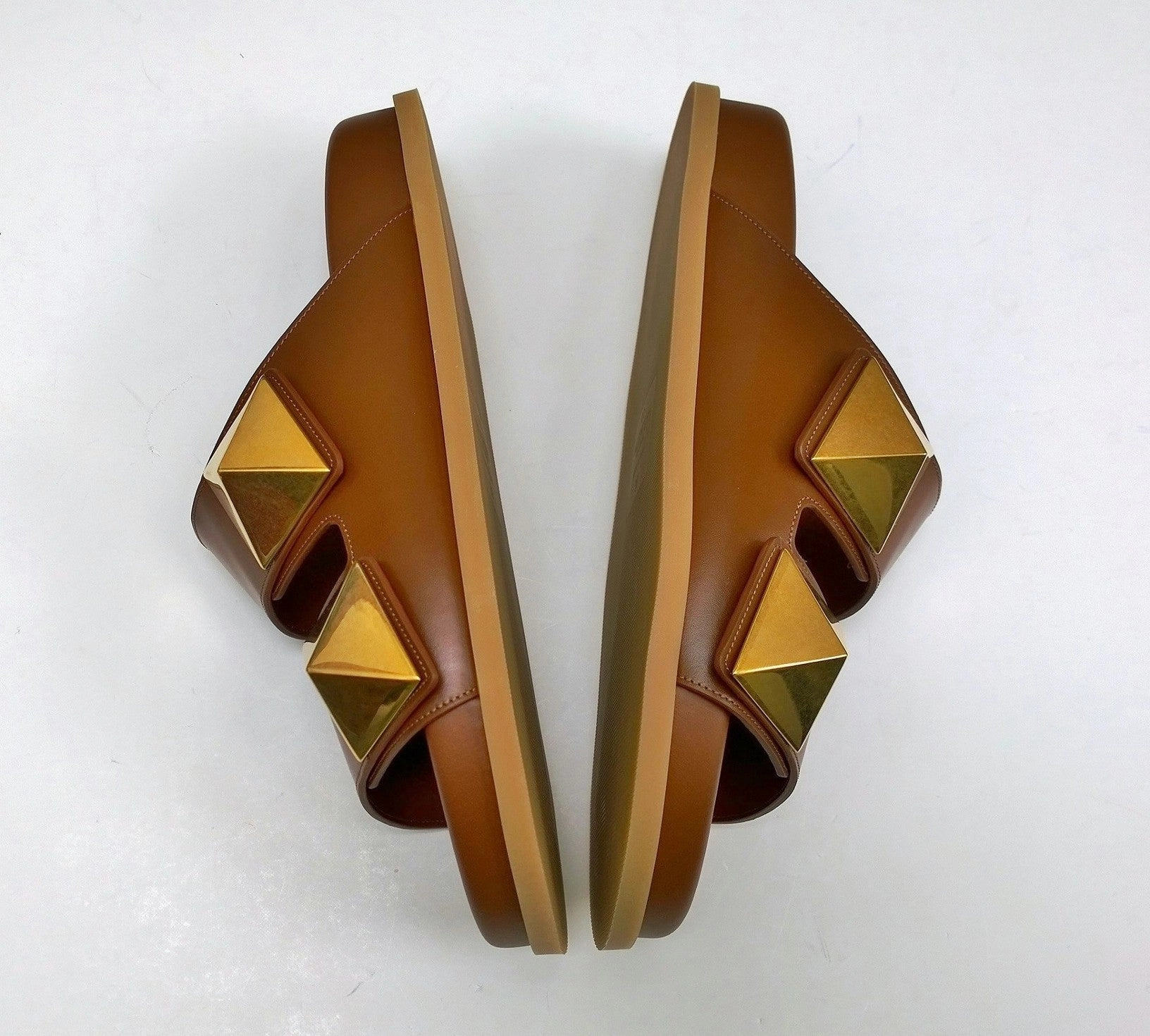 Valentino Garavani Roman Stud Brown Leather Slides with Gold Rockstud Sandals Sandals Golf Resorts