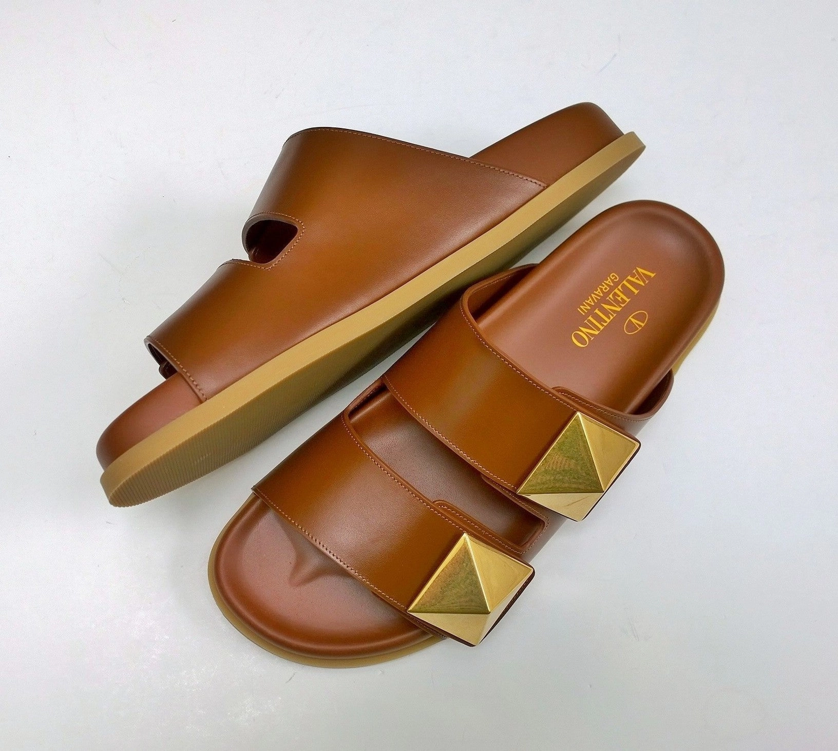 Sandals Over Water Bungalows Valentino Garavani Roman Stud Brown Leather Slides with Gold Rockstud Sandals