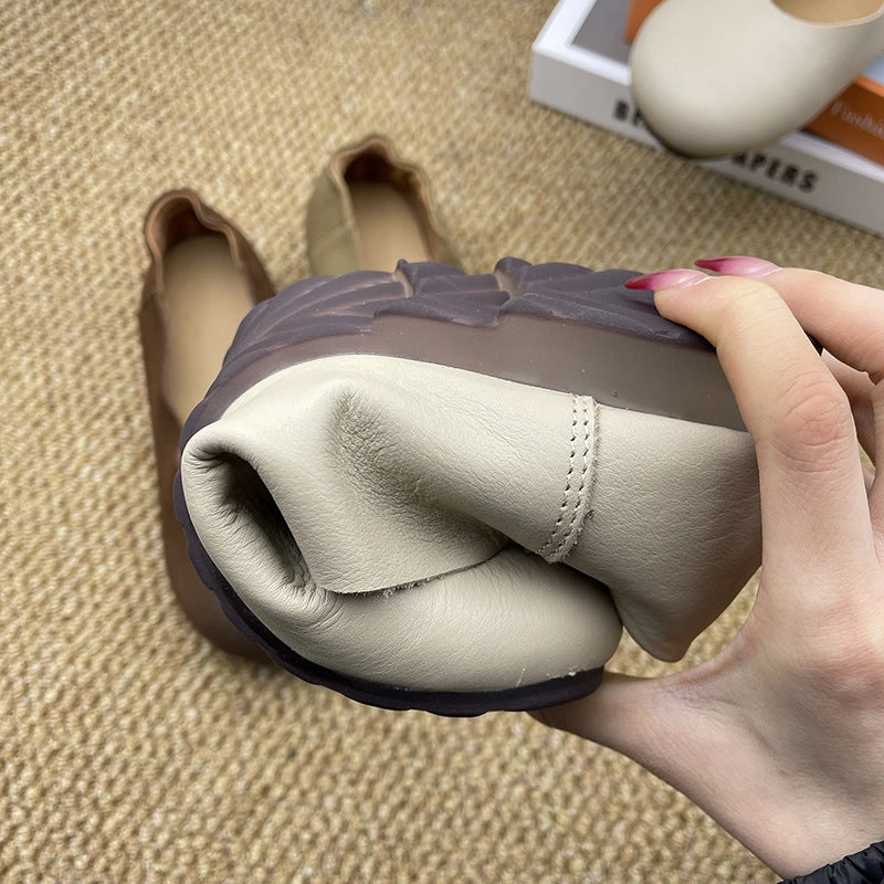 Round Toe Slip-on Leather Flat Casual Shoes Bow Shoes