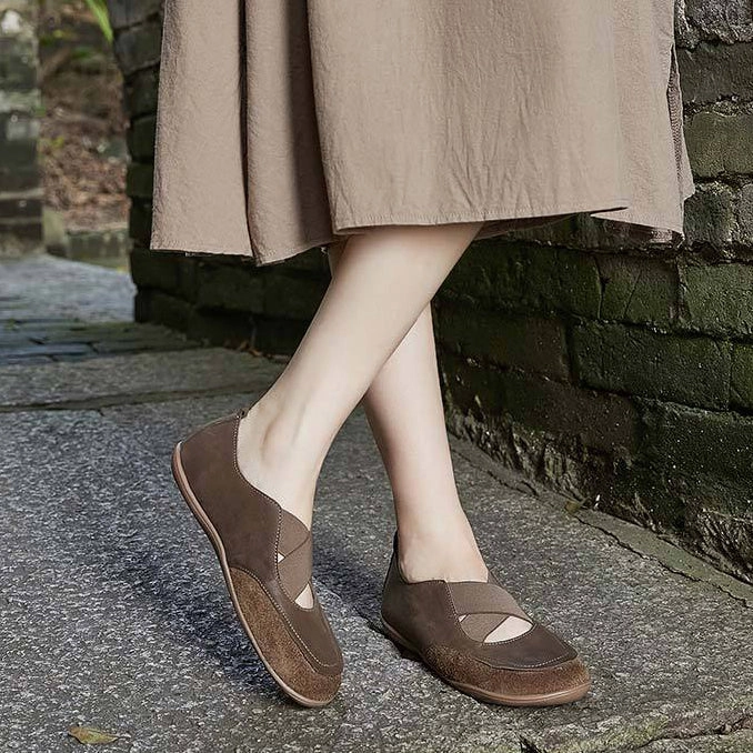 Leather Slip On Casual Shoes Elastic Cross Belt Slip-On Women's Flats Shoes