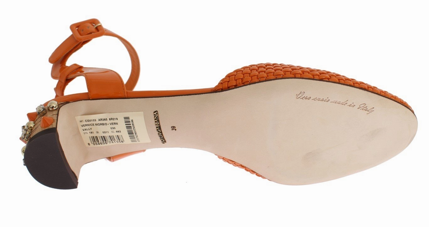 Orange Leather Crystal Block Heel Shoes Sandals Porn
