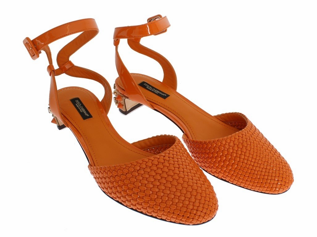Antigua Resort Map Orange Leather Crystal Block Heel Shoes