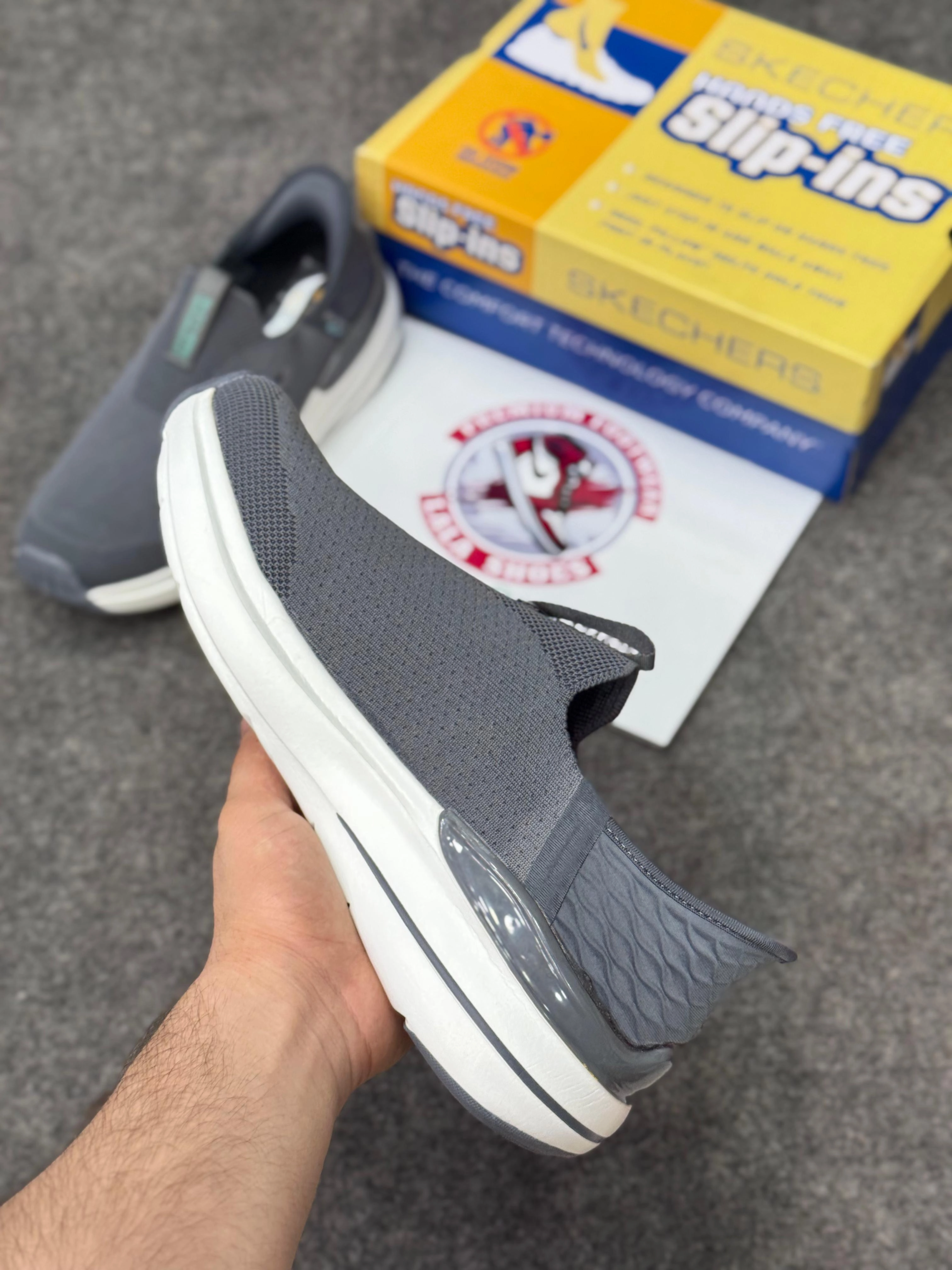 Skechers Slip-ins: Max Cushioning Hyper Burst Grey white, Air-Cooled Memory Foam Best Running Shoe For Bad Ankles